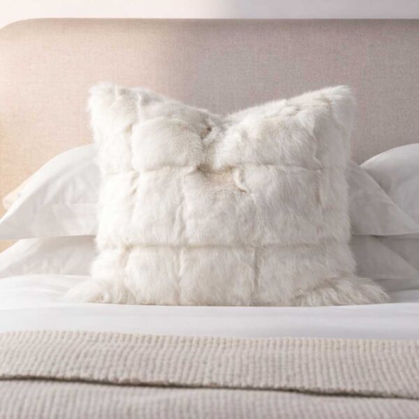 Lysva Cushion – luxury white fox fur cushion with soft texture and sculptural square form, perfect for elegant interiors in Dubai and Abu Dhabi