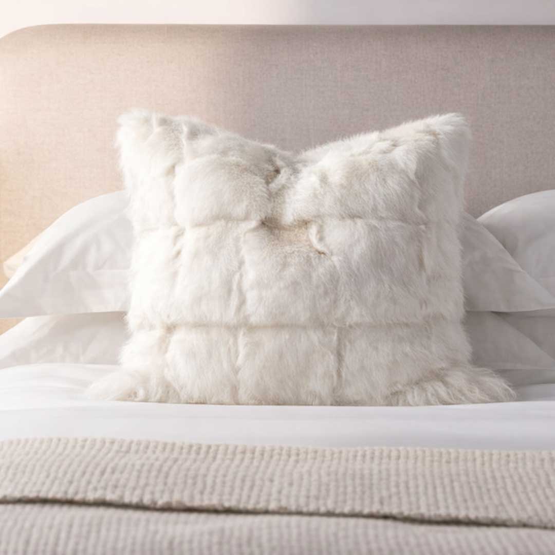 Lysva Cushion – luxury white fox fur cushion with soft texture and sculptural square form, perfect for elegant interiors in Dubai and Abu Dhabi