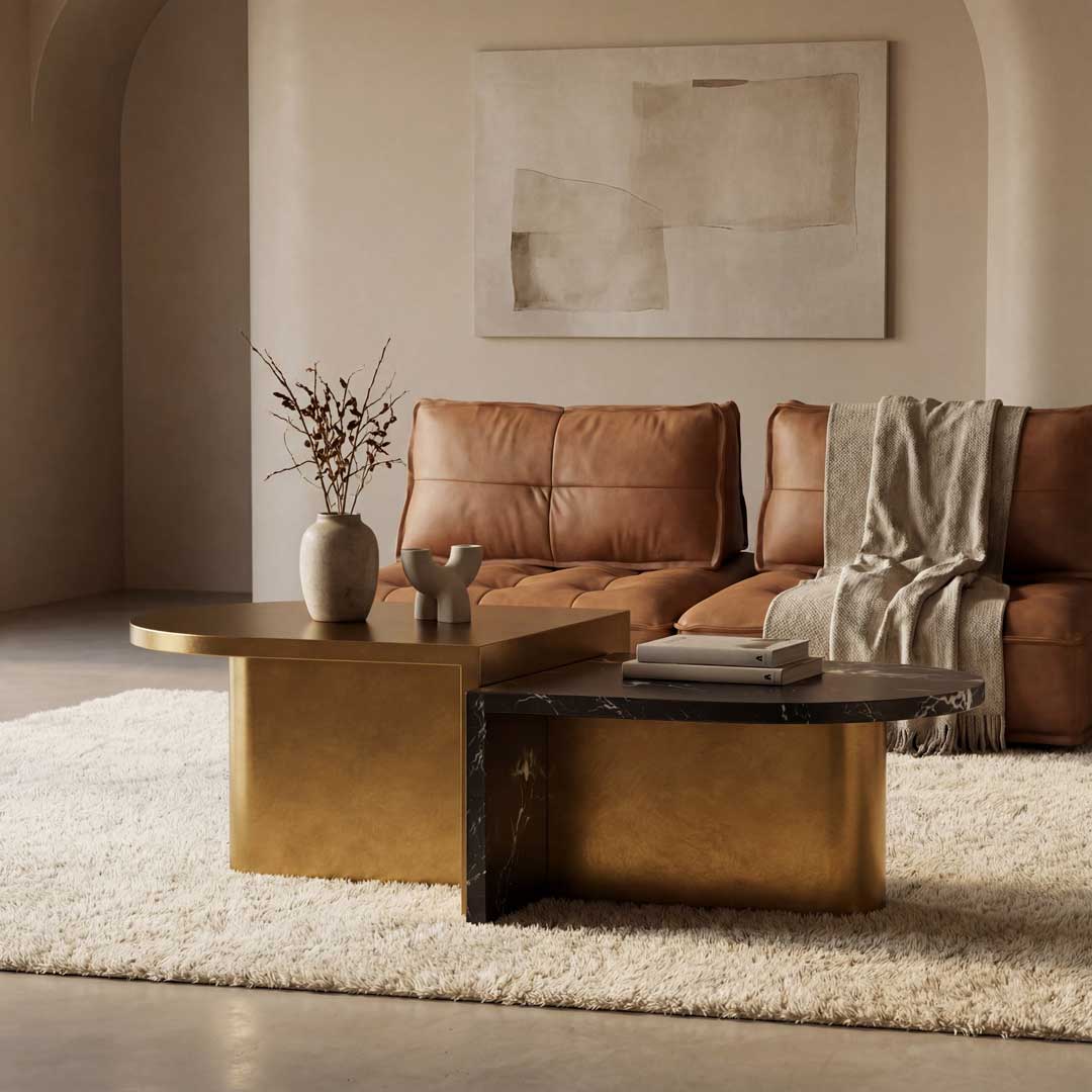Luxury modern living room furniture in Dubai and Abu Dhabi featuring a premium designer sofa paired with elegant contemporary coffee tables, showcasing rich materials, refined craftsmanship, and sophisticated styling for upscale interiors.