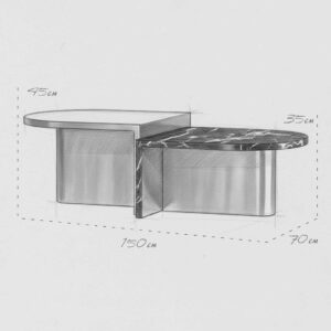 Design sketch and dimensions of Nero Coffee Table — 150 cm contemporary marble and gold coffee table concept for luxury interiors in Dubai and Abu Dhabi.