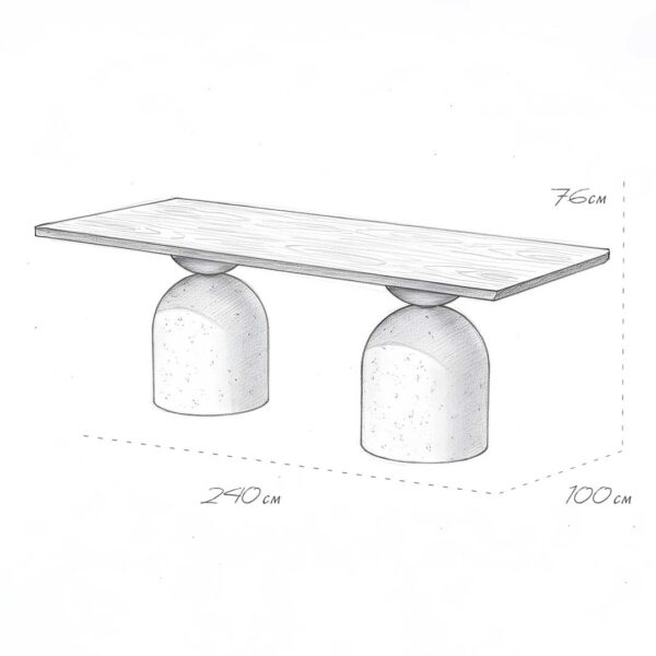 Sketch of Ardelle Dining Table with 240 cm length and 76 cm height — modern dining table with sculptural stone-like base and wooden top, designed for luxury homes in UAE.