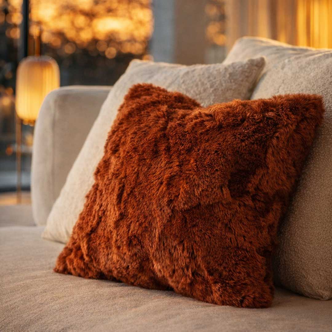 Luxury velvet cushion in warm caramel brown, finished with soft fur edges. Calvora Cushion by Conceptual Furniture Dubai – elegant home décor accent for modern interiors in UAE and Abu Dhabi.