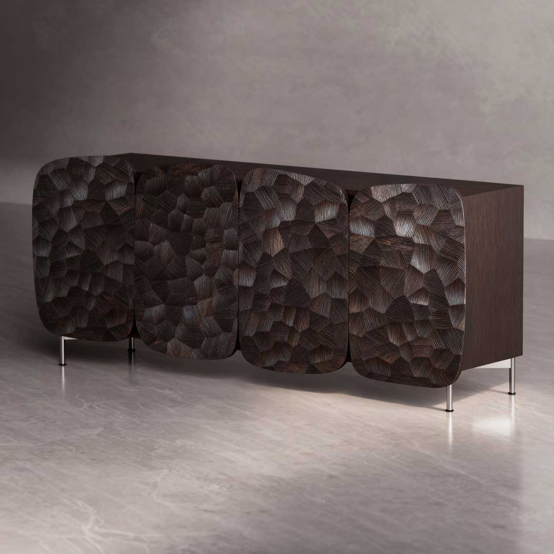 Luxury brown oak Elysian Console featuring butterfly-wing sculpted doors and stainless steel base – premium designer furniture in Dubai and Abu Dhabi.