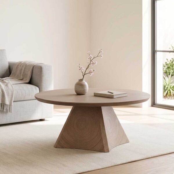Lenora Pico Coffee Table in beige oak with sculptural cone base — minimalist luxury coffee table for modern living spaces in UAE.