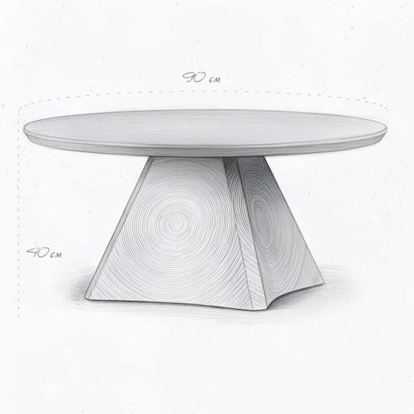 Design sketch of Lenora Pico Coffee Table with 40 cm height and 90 cm diameter — modern beige oak table for luxury homes in Dubai and Abu Dhabi.