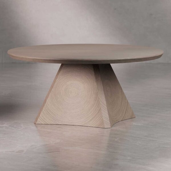 Lenora Pico Coffee Table in beige oak with sculptural cone base — minimalist luxury coffee table for modern living spaces in UAE.