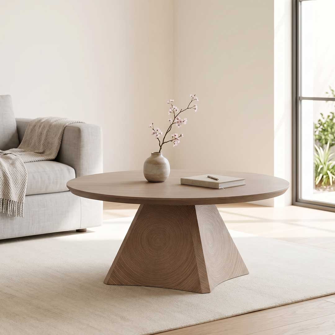 Lenora Pico Coffee Table in beige oak with sculptural cone base — minimalist luxury coffee table for modern living spaces in UAE.