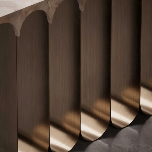 Close-up of Marisca Console iron base with brushed metallic texture — premium craftsmanship and design in Abu Dhabi, UAE