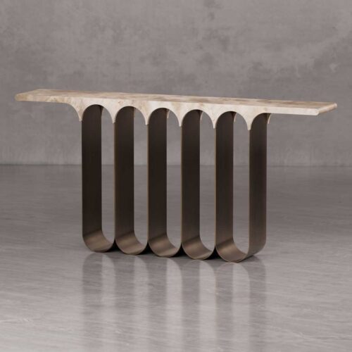 Marisca Console Table with sculptural iron base and marble top — luxury modern console furniture in Dubai, UAE