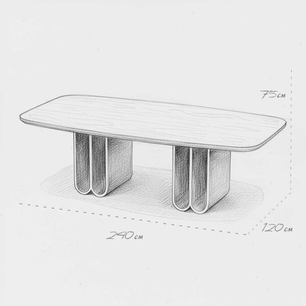 Olenza Dining Table design sketch with 240 cm length and 75 cm height — artistic furniture concept for luxury dining interiors in UAE.