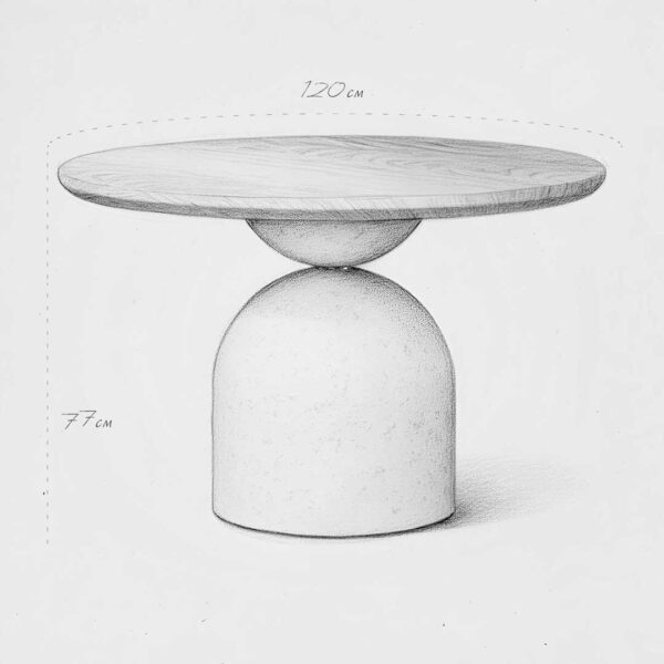 Orvella Dining Table design sketch with measurements — artistic modern table concept for luxury interiors in Dubai and Abu Dhabi.