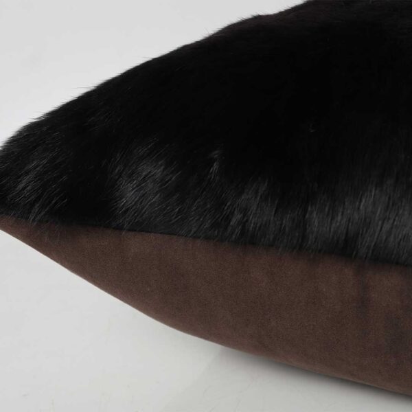 Close-up of the Velmira luxury cushion corner showing coffee brown suede and black rabbit hair texture, designed for elegant interiors in Dubai and Abu Dhabi.