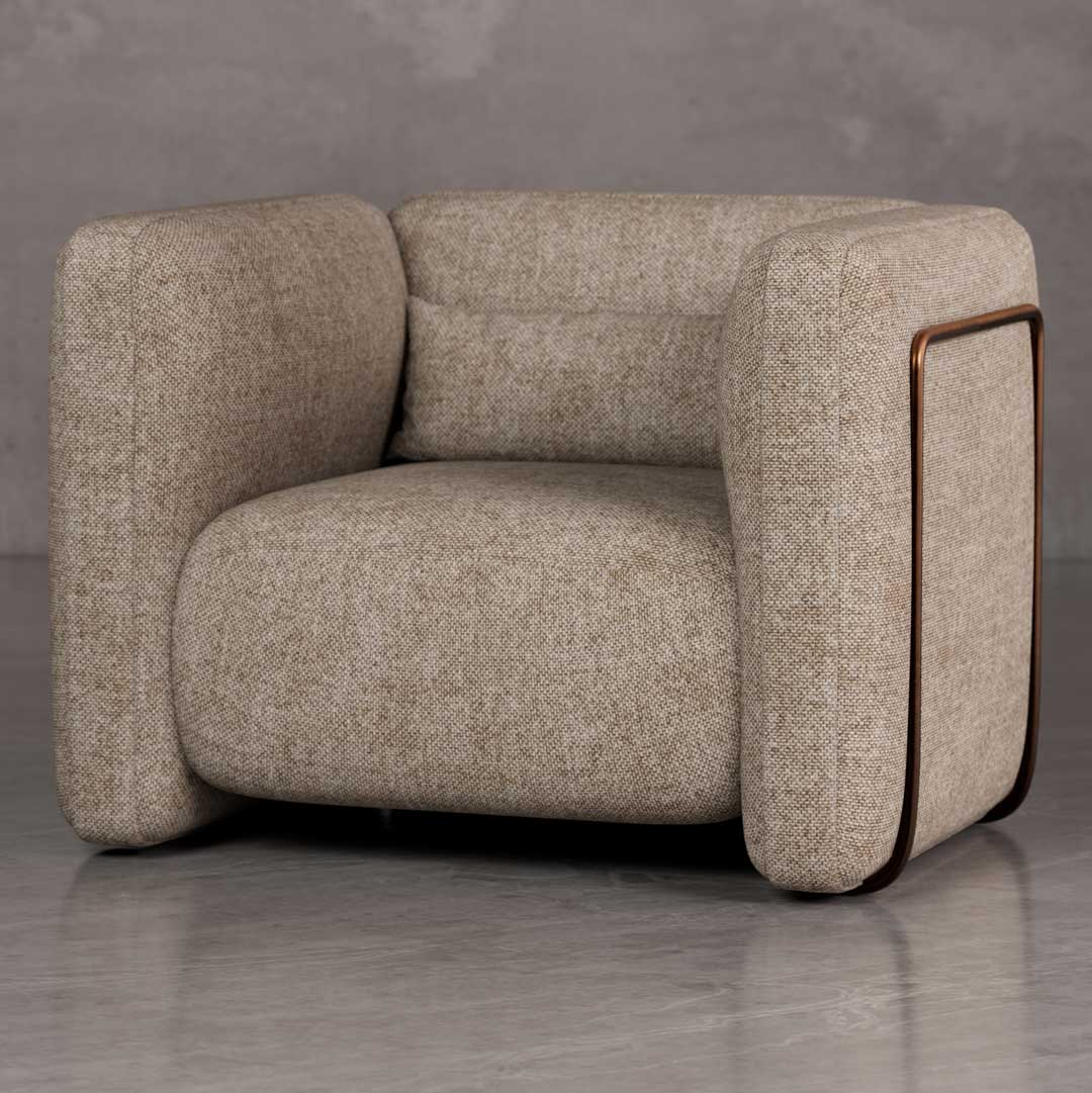 Luxury Cove lounge chair with bold rounded armrests and architectural box form in textured upholstery, a premium American designer chair for luxury real estate and developer interiors in Dubai and Abu Dhabi UAE.