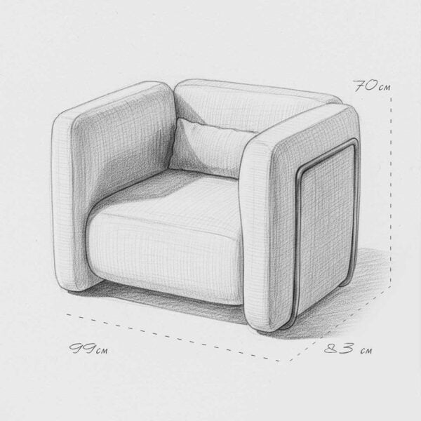 Architectural design sketch of the Cove luxury lounge chair showing dimensions and sculptural rounded arm structure, a modern American designer armchair for high-end residential and hospitality developments in Dubai and Abu Dhabi UAE.