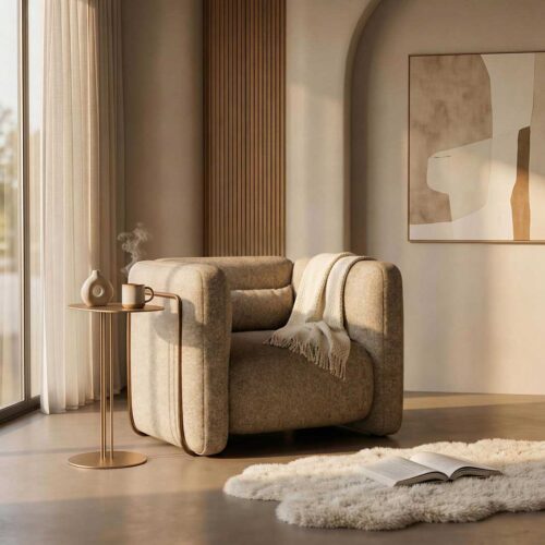 Cove luxury lounge chair with curved sculptural arms and deep comfort seating styled in a modern villa living room, designed for high-end residential developments and luxury interiors in Dubai and Abu Dhabi UAE.
