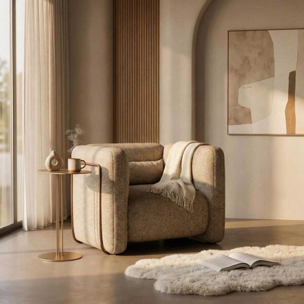 Cove luxury lounge chair with curved sculptural arms and deep comfort seating styled in a modern villa living room, designed for high-end residential developments and luxury interiors in Dubai and Abu Dhabi UAE.