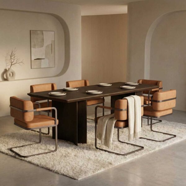 Modern luxury solid wood dining table with sculptural curved legs, crafted for Emirates Hills mansions and Palm Jumeirah waterfront villas.