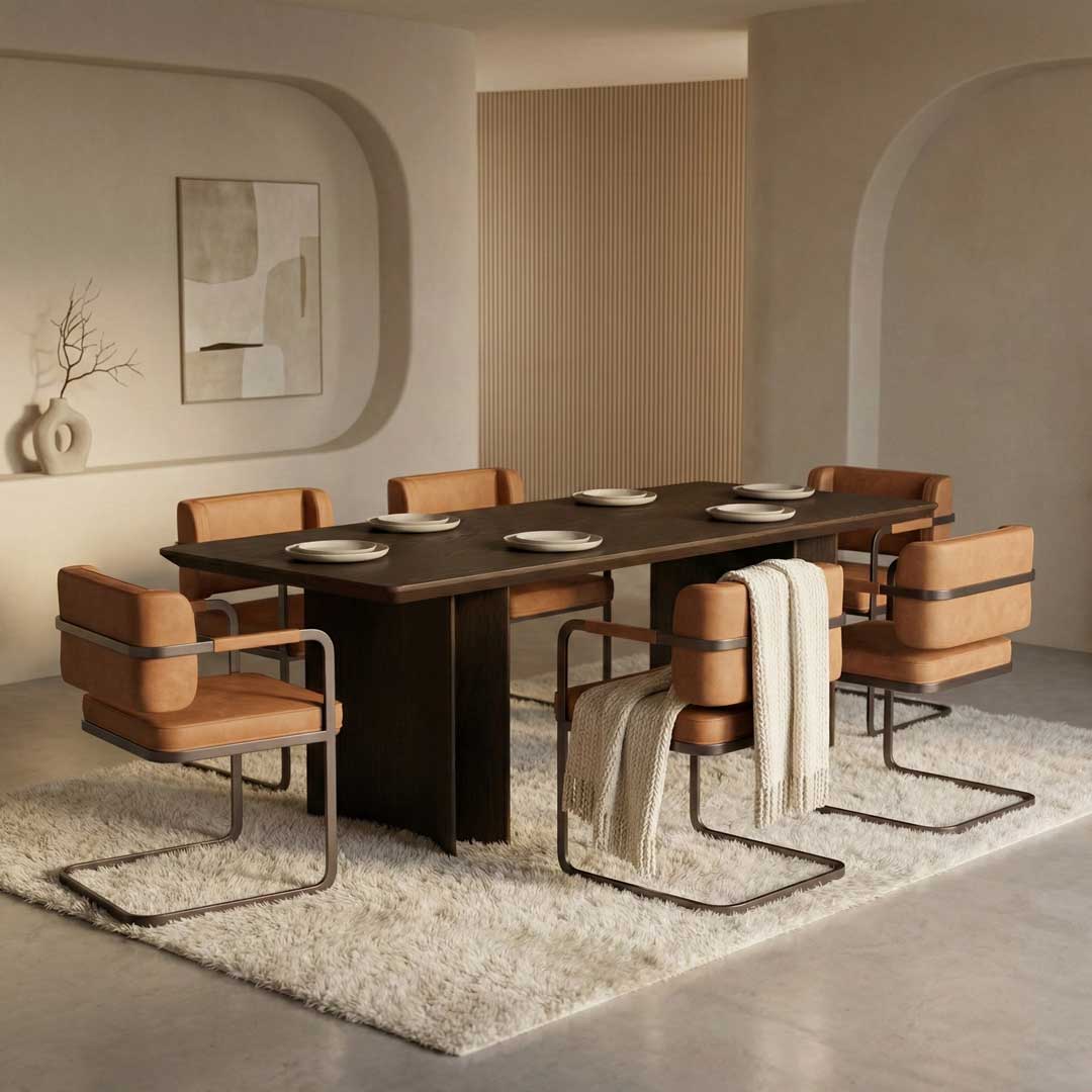 Modern luxury solid wood dining table with sculptural curved legs, crafted for Emirates Hills mansions and Palm Jumeirah waterfront villas.