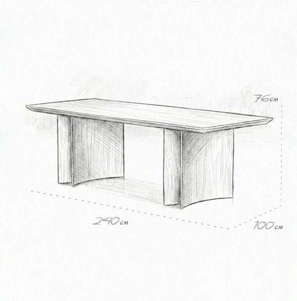 Luxury solid wood dining table sketch with dimensions 240cm x 100cm x 76cm, designed for Emirates Hills villas and Downtown Dubai luxury residences.