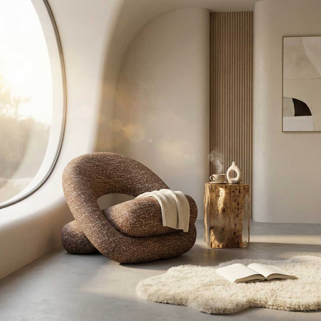 Zen Lounge Chair styled in a modern luxury interior, featuring abstract jacquard bouclé upholstery and a relaxed, enveloping form. Ideal for homeowners, interior designers, and developers searching for premium lounge chairs in Dubai and Abu Dhabi, UAE.