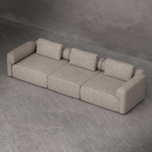 Luxury modular 3-seater sofa in textured fabric with clean architectural lines, deep seating, and structured arms, designed for modern minimalist interiors in Dubai and the UAE.