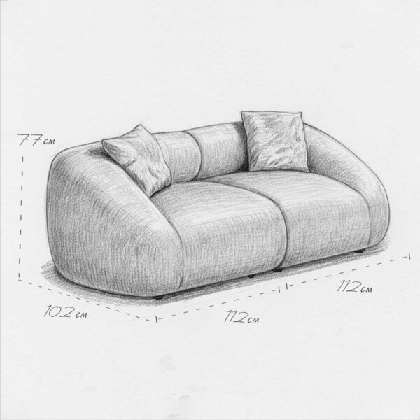 Luxury curved 2-seater sofa design sketch with rounded organic silhouette and deep plush seating, showing measurements of a modern sculptural sofa for luxury interiors in Dubai and Abu Dhabi UAE.