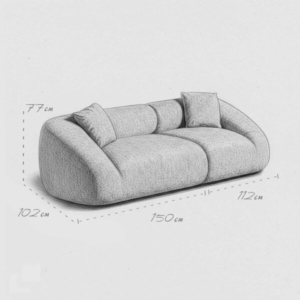 Luxury curved 3-seater sofa design sketch with rounded organic silhouette and deep plush seating, showing measurements of a modern sculptural sofa for luxury interiors in Dubai and Abu Dhabi UAE.