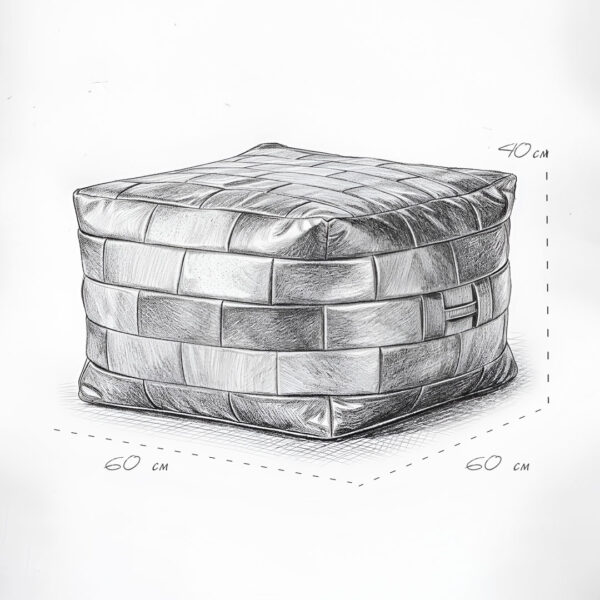 Square Master Pouf sketch with dimensions, featuring a structured cube shape upholstered in handwoven antique brown buffalo leather panels. Luxury leather pouf design measuring 60 x 60 x 40 cm for modern Dubai interiors