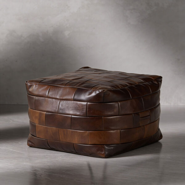 Square Master Pouf sketch with dimensions, featuring a structured cube shape upholstered in handwoven antique brown buffalo leather panels. Luxury leather pouf design measuring 60 x 60 x 40 cm for modern Dubai interiors