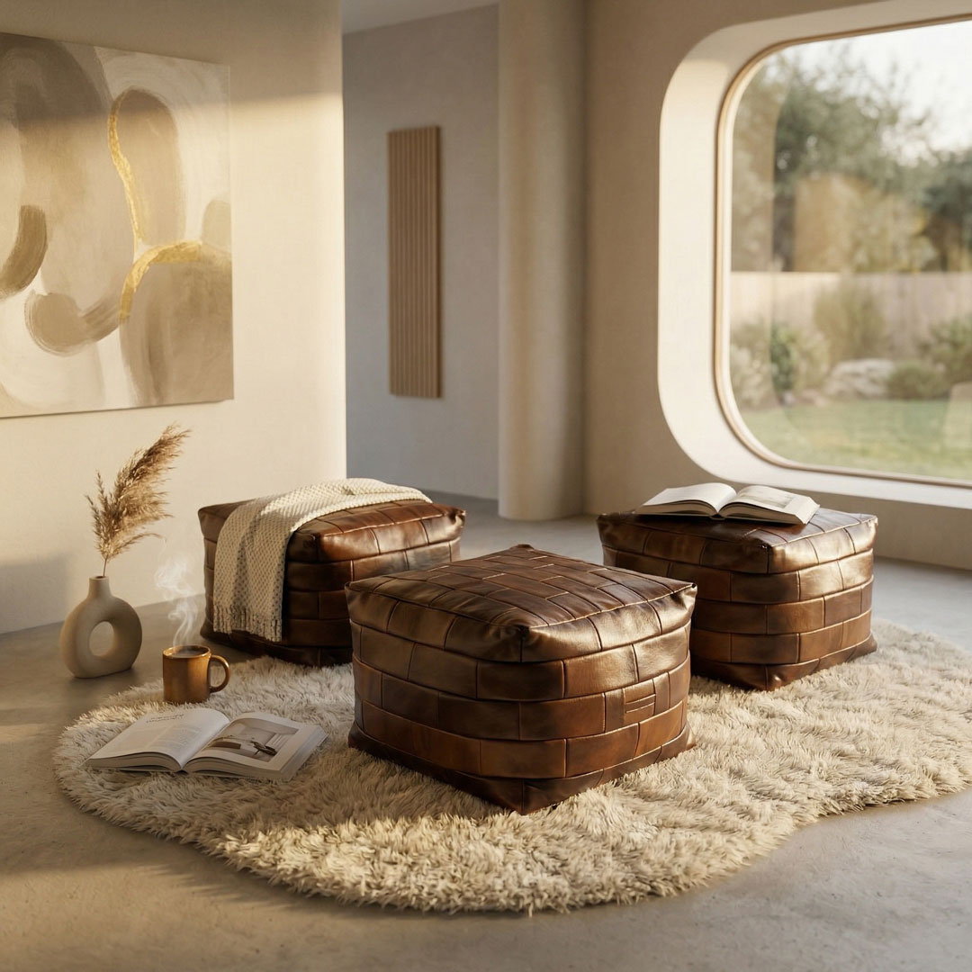 Luxury Master Pouf collection styled in a modern living room with soft neutral interiors, featuring square buffalo leather poufs in antique brown. Elegant contemporary furniture piece crafted for premium Dubai homes